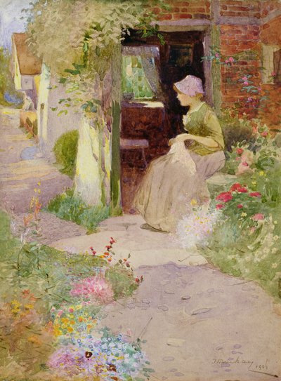 A Girl Sewing at the Door of a Cottage by Thomas Mackay