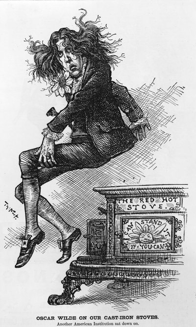 Oscar Wilde on our Cast-Iron Stoves. Another American Institution sat down on, illustration from Harpers Weekly by Thomas Nast