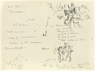 Sheet of Sketches: Soldier on Horseback and Soldier with Sabre Conducting Prisoner (recto); Sheet of Sketches (verso) by Thomas Nast