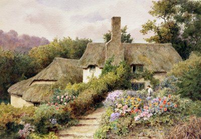 A Cottage at Selworthy, Somerset, England. A Woman in the Garden of an English Country House by Thomas Nicholson Tyndale