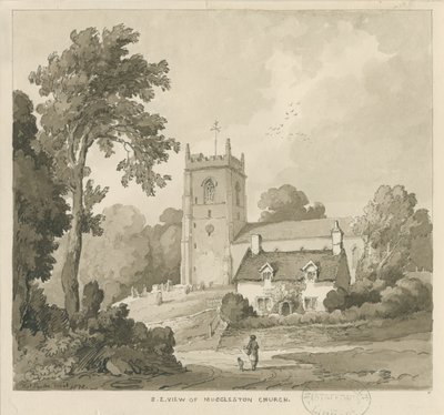 Mucklestone Church: sepia wash drawing by Thomas Peploe Wood