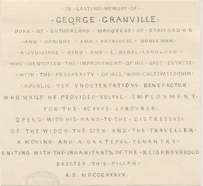 Trentham - Inscription on Monument to Duke of Sutherland by Thomas Peploe Wood