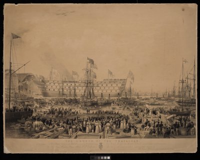 The Launch of the Trafalgar, in the presence of Her Most Gracious Majesty Queen Victoria and His Royal Highness Prince Albert, at H.M.Dock Yard, Woolwich by Thomas Picken