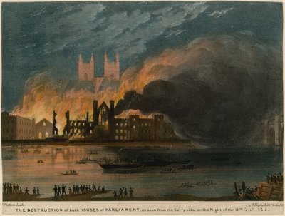 The Destruction of Both Houses of Parliament as Seen from the Surrey Side by Thomas Picken