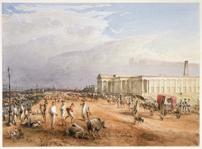 The new Mint on the Strand, from the south, with shipping beyond by Thomas Prinsep