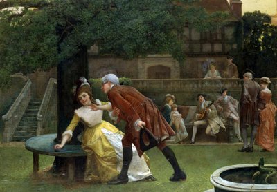 The End of the Skein. A woman refuses the advances of a man. 1890. Painting by Thomas Reynolds Lamont. Private collection by Thomas Reynolds Lamont