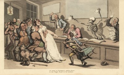 A woman expires in shock at the sight of a blank piece of paper brandished by the skeleton of Death in a Lottery Office by Thomas Rowlandson