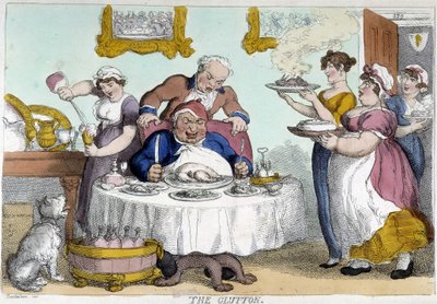 Bourgeois in front of a plethoric meal served by many servants - caricature by Rowlandson by Thomas Rowlandson