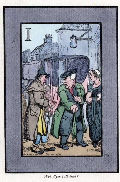 Hackney complaining to passengers about small tips (1819). Wood engraving, based on a painting by Thomas Rowlandson (1756-1827), published in The Cries of London: with six charming children and nearly 40 illustrations, by Andrew Tuer, Field and Tuer by Thomas Rowlandson