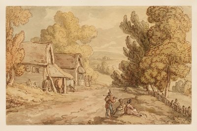Cottage and Barn with Figures Resting by the Side of a Country Road by Thomas Rowlandson