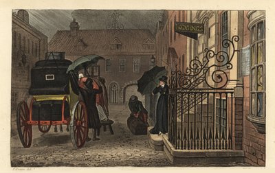 Departure: Tourists Loading Luggage onto a Carriage in Front of a Hotel in the Rain by Thomas Rowlandson
