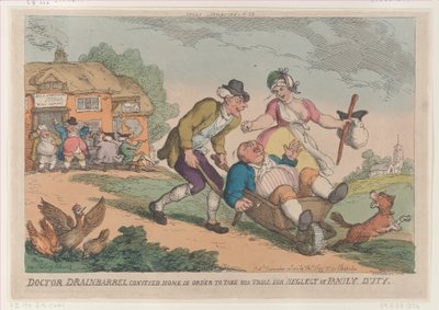 Doctor Drainbarrel Conveyed Home in order to Take His Trial for Neglect of Family by Thomas Rowlandson