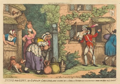 Dying for Love, or Captain Careless Shot Flying by a Girl of Fifteen, who Unexpectedly Popped her Head out of a Casement by Thomas Rowlandson