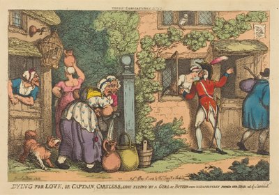 Dying for Love, or Captain Careless Shot Flying by a Girl of Fifteen, who Unexpectedly Popped her Head out of a Casement by Thomas Rowlandson
