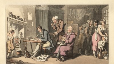 English gentleman writing a begging letter in a decrepit parlour by Thomas Rowlandson