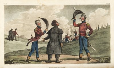 Ensign Johnny Newcome Introduced to the Colonel of his Regiment before the Battle of Salamanca. Handcoloured Copperplate Engraving Drawn and Etched by Thomas Rowlandson from Colonel David Roberts