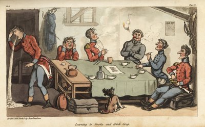 Ensign Johnny Newcome Learning to Smoke Cigars and Drink Grog with Other Officers by Thomas Rowlandson