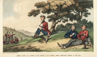 Ensign Johnny Newcome writing a letter to his mother describing the Battle of Salamanca by Thomas Rowlandson