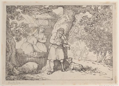 Fiddler, Sailor, Two Women and a Pig by a Cottage, 1816 by Thomas Rowlandson