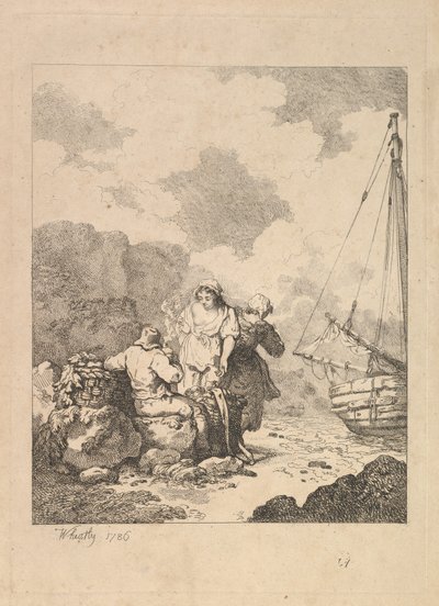 Fishermen by the Shore - Coastal Scene with a Man Sitting on Rocks and Smoking a Pipe, 1786 by Thomas Rowlandson