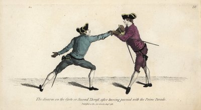 Gentleman fencer disarming his opponent on the Carte or Second Thrust, after parrying with the Prime Parade by Thomas Rowlandson