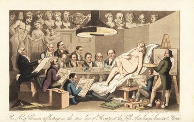 Georgian artists including Benjamin West, Thomas Lawrence, Benjamin Haydon, Joseph Farrington, Richard Westall and Martin Archer Shee drawing a nude model, while classical busts look down. Royal Academicians of Genius reflecting on the true line of Beauty by Thomas Rowlandson