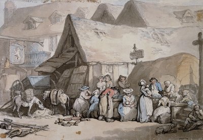 Honiton, Devon: Shoes and Hats for Sale Outside The Lion Inn by Thomas Rowlandson