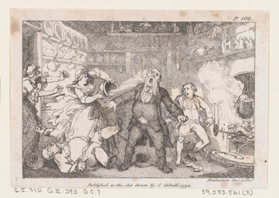 Hostess Discharges a Pan of Blood into the Face of Parson Andrews, from The Adventures of..., 1792 by Thomas Rowlandson