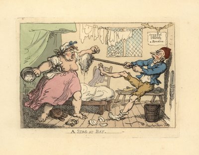 Husband Holding Off His Angry Wife with Mop by Thomas Rowlandson