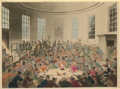 Illustration depicting a crowd watching a cock fight by Thomas Rowlandson