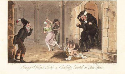 James Gordon, a notorious Cambridge drunk, leaving a baby as a prank in front of the house of a college dean. Jemmy Gordon