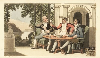 Johnny and Friends Drinking and Singing on a Terrace Overlooking the River Thames. Handcoloured Copperplate Engraving by Thomas Rowlandson from William Combe
