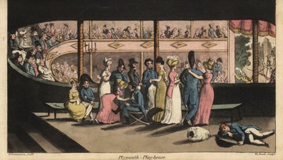 Johnny and other Midshipmen on shore leave wait a play at Plymouth Playhouse by Thomas Rowlandson