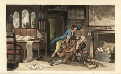 Johnny assaulting Lawyer Gripe-all in his office after being cheated of 100 pounds. Handcoloured copperplate engraving by Thomas Rowlandson from William Combe