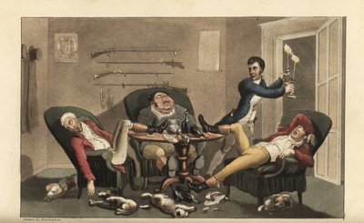 Johnny at a sporting finale: Johnny with candlesticks leaves three drunken hunters asleep in a dining room with empty wine bottles and sleeping hounds. Handcoloured copperplate engraving from William Combe