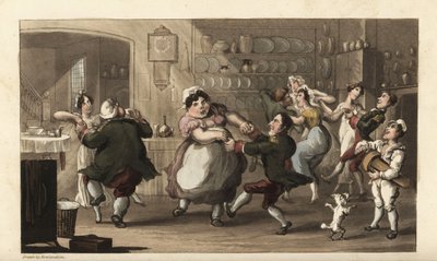 Johnny dancing at a secret party with other servants in the kitchen by Thomas Rowlandson