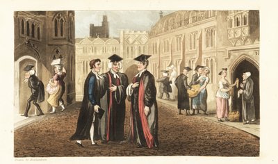 Johnny in robes talking with Dons at Oxford University, while other scholars and students buy corn from grocers and molest maids. Handcoloured copperplate engraving by Thomas Rowlandson from William Combe