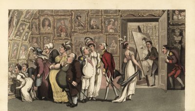 Johnny in service to the portrait painter Carmine at his gallery. When alone, Johnny defaces the portraits with chalk and causes a furore. Handcoloured copperplate engraving by Thomas Rowlandson from William Combe