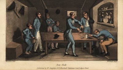 Johnny vomits into a bucket in the cabin as his ship sets sail. Another officer proposes a remedy of salt water and a piece of salt pork on a string. Handcoloured copperplate engraving by W. Read after an illustration by Thomas Rowlandson from Alfred Burto by Thomas Rowlandson