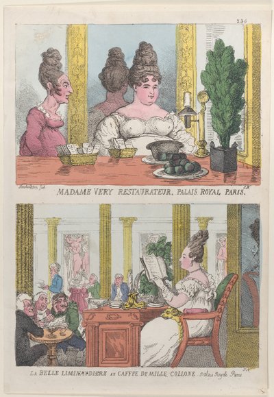 Madame Very Restauranteur, Palais Royal Paris and La Belle Liminaudiere au Caffee De Mille..., 1814 by Thomas Rowlandson