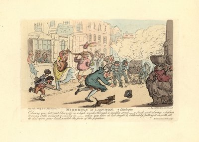 Man chasing his hat down a muddy street in a high wind by Thomas Rowlandson