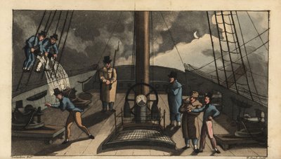Naval rite of passage, Dogfish Bark: Johnny is sent on deck to listen for the bark of a dogfish, only to be soaked by buckets of water from sailors in the rigging. Handcoloured copperplate engraving by W. Read after an illustration by Thomas Rowlandson fro by Thomas Rowlandson