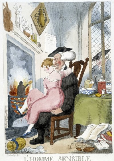 Old Man Groping a Young Woman Sitting on His Knees - Caricature by Rowlandson by Thomas Rowlandson