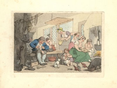 Regency Cobbler Mending Shoes in a Crowded Room by Thomas Rowlandson