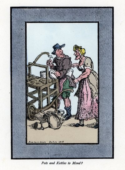 Roaming and client retamer showing the bottom of a pot. He hits a metal pot with a hammer on a portable bench. Wood engraving, based on a painting by Thomas Rowlandson by Thomas Rowlandson