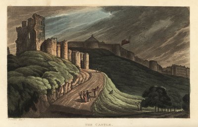 Scarborough Castle: Tourists Walking Up the Hill to the 12th Century Stone Castle. Handcoloured Copperplate Engraving by Thomas Rowlandson After a Sketch by J. Green from Poetical Sketches of Scarborough, Ackermann, London by Thomas Rowlandson
