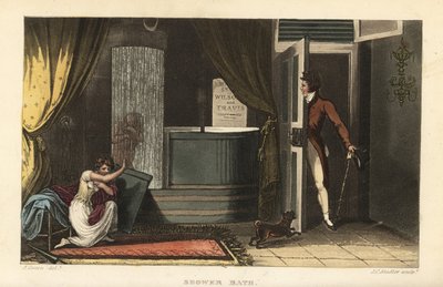 Shower Bath: Women Taking a Cold Shower in a Bathroom Hiding Their Modesty from a Male Intruder by Thomas Rowlandson