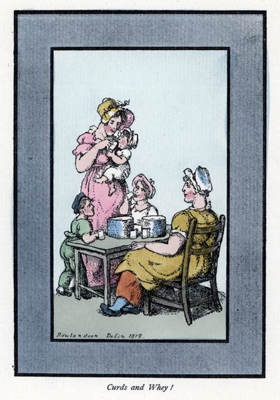Sitting woman selling quail milk and milk to a mother and children. Wood engraving, based on a painting by Thomas Rowlandson by Thomas Rowlandson