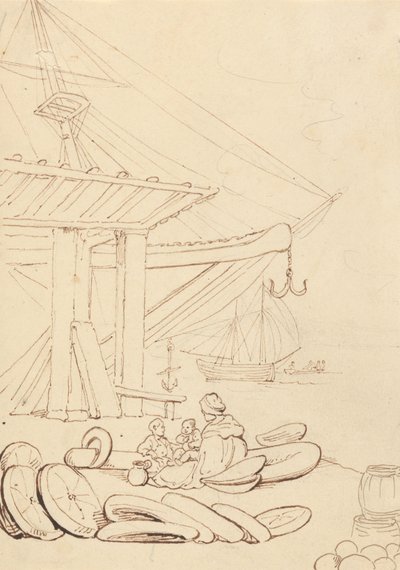 Sketch of a Woman and Children Sitting on a Shipping Dock by Thomas Rowlandson