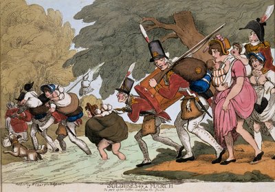 Soldiers on a march, engraving by G.M.Woodward by Thomas Rowlandson
